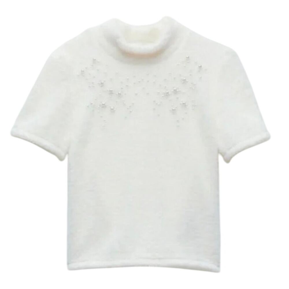 Zara Faux Fur Pearl Trim Top Size small Mock Neck EUC snow dainty pearls Angel